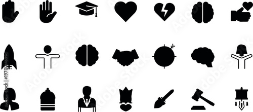 Collection of diverse black silhouette icons representing concepts and symbols