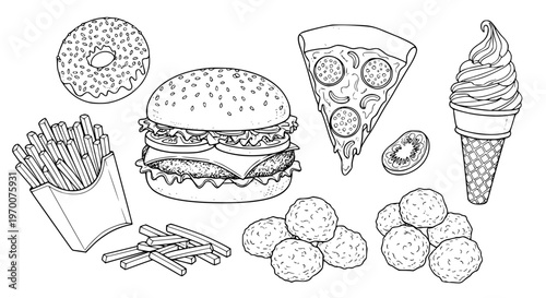 Hand drawn illustration Food Sweet Temptations and Savory Delights: An array of delightful food illustrations, each showcasing a mouthwatering treat, perfect for culinary projects.