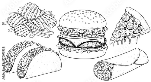 Fast Food Feast: An illustration capturing a mouthwatering assortment of classic fast-food staples, each meticulously drawn to showcase the delicious details of culinary creations.