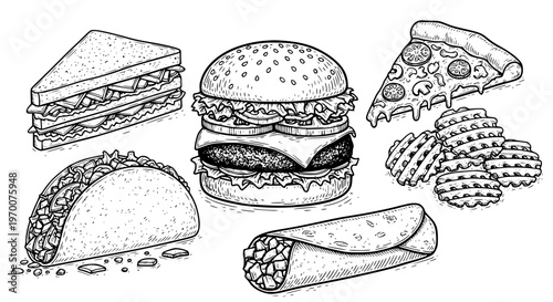 Delicious Delights: An array of classic, delectable fast foods, each prepared with meticulous detail and artistic flair. Capturing the essence of culinary art.