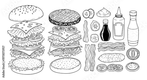 Deconstructed Burger: An artistic illustration unveils the essential components of a classic hamburger, showcasing each ingredient with meticulous detail.