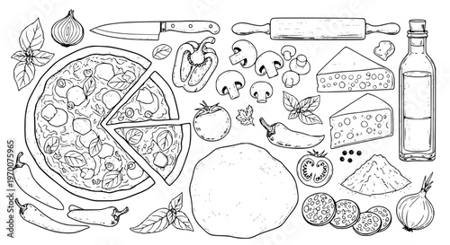 Pizza Ingredients Illustration: A detailed, artistic illustration showcases a pizza alongside its key ingredients, rendered in a classic, hand-drawn style, perfect for culinary and design projects.
