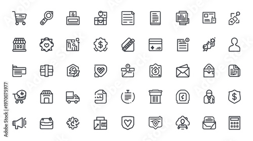 E-commerce icons, set of 49 professional line art icons for online shopping, retail, finance, and business applications