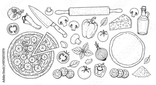 Pizza Ingredients Arrangement: An overhead sketch showcases a variety of pizza ingredients, from a ready pizza to the fresh materials. Illustrating the fresh ingredients for pizza preparation.