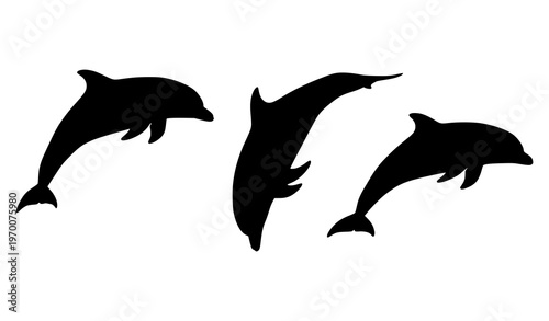 Dolphin silhouettes set with jumping diving and swimming poses isolated on white background marine vector collection