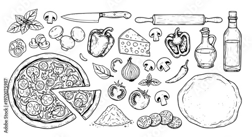 Pizza Ingredients: A meticulously detailed illustration captures the essential ingredients needed to create a delicious homemade pizza, arranged in an appetizing composition. 