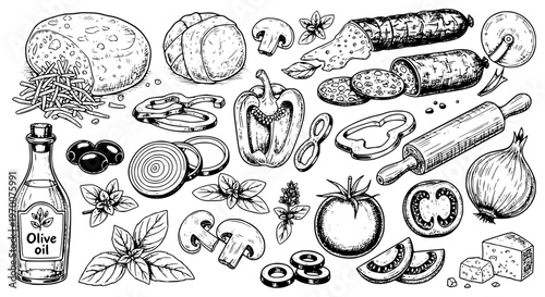 Pizza Ingredients Illustration: A detailed, hand-drawn illustration showcases an array of pizza ingredients, from dough and cheese to fresh vegetables and meats.