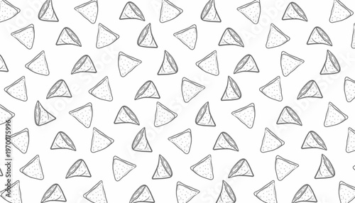 Samosa Pattern Design. Seamless Indian Snack Illustration. Crispy Fried Pastry Motif. Handdrawn Street Food Style.