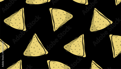 Samosa Pattern Design. Seamless Indian Snack Illustration. Crispy Fried Pastry Motif. Handdrawn Street Food Style.