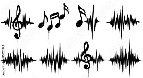 Urban Graffiti Music Note and Sound Wave Vector Illustration Sheet in Black Ink Grunge Punk Street Art Style with Dripping Warped and Motion-Exaggerated Forms
