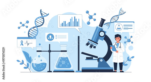 An illustration showcases a medical professional standing near a microscope, surrounded by DNA strands, lab flasks, and data charts, presented in a flat vector style with a dominant blue