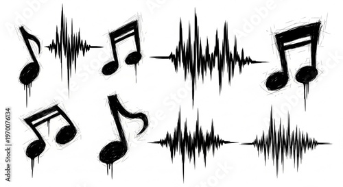 Urban Graffiti Music Note and Sound Wave Vector Illustration Sheet in Black Ink Grunge Punk Street Art Style with Dripping Warped and Motion-Exaggerated Forms