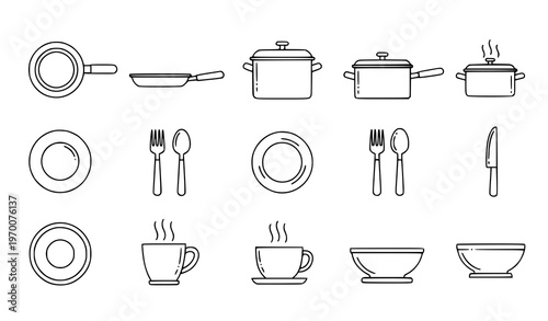 Cookware and tableware outline icons editable stroke kitchen utensil vector set