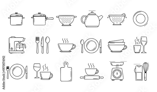 Kitchen cookware and tableware linear editable stroke icon collection vector