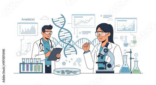 A vector illustration shows two scientists in a lab setting, one examining data on a clipboard, the other using a microscope, with DNA strands and data charts in the background