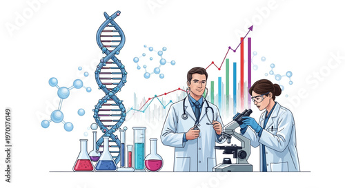 An illustration supporting science and health with a lab research theme shows a doctor and scientist working with a microscope and DNA model, alongside data charts and lab flasks