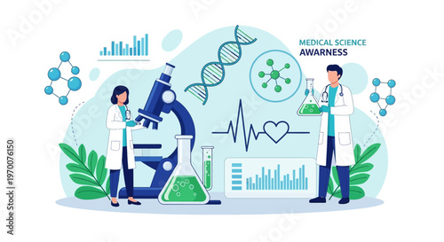 A science health poster illustrating medical research with doctors in a lab, featuring a microscope, DNA strand, and data charts against a light blue background, conveying a sense