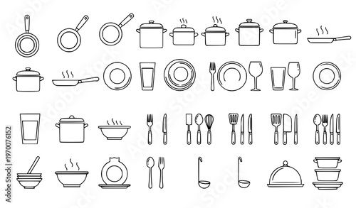 Editable stroke cookware and dining tableware outline icon set vector