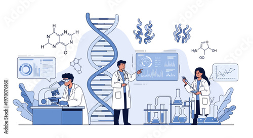 In a science lab illustration, a team of healthcare researchers collaborate, analyzing data on a screen and using lab equipment, with a DNA helix and molecule structures in the background