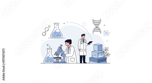 Illustrated health poster showing a team of science lab researchers, including a doctor with data charts, working with a microscope and DNA models against a white background in a clean