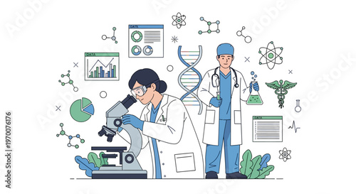 In a science and health vector illustration, a woman is doing lab research with a microscope and a doctor stands by a DNA strand, set against a clean background with data charts