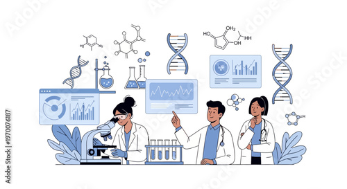 A modern science health poster presents a team of researchers collaborating around a microscope and data charts in a lab setting, with a flat design and a light blue and white palette