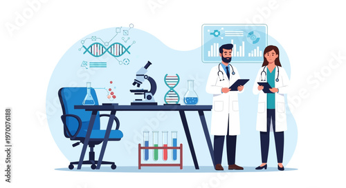 Illustrated vector art depicts a team of medical professionals standing in a laboratory with a microscope, DNA strands, and data charts on a table, all set against a clean white background