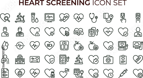 Heart screening outline icon set with cardiology checkup monitoring ECG testing wellness symbols for healthcare apps dashboards interfaces