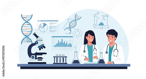 Two scientists collaborate in a lab setting, surrounded by medical science visuals like a microscope, DNA strands, and data charts, in a flat vector illustration with a clean, bright