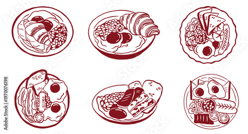 english breakfast food in a plate and bowl doodle hand drawn collection set