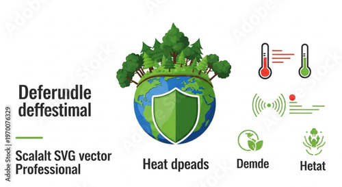 Environmental protection concept with planet earth and green shield surrounded by pine forest and thermometer icons representing climate change