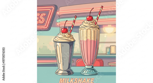 Retro diner style milkshake illustration featuring two tall glasses with cherries and straws in a classic pastel color palette and neon lighting