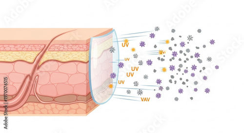 Cross section view of human skin layers showing UV protection barrier and harmful radiation particles being blocked for skincare advertising