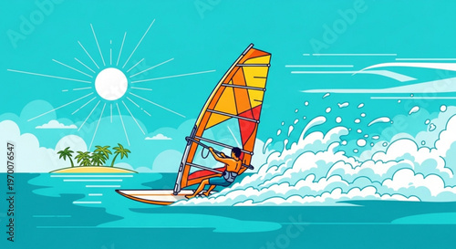 Man windsurfing on ocean waves under bright sunny sky with palm trees on island in background summer sports flat design vector illustration