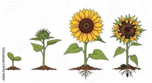 Sunflower growth cycle diagram showing stages from seedling germination to full blooming flower and seed development in a detailed botanical illustration