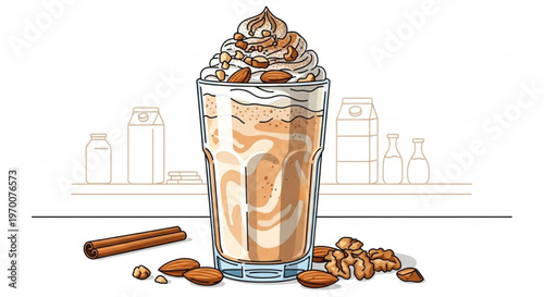 Creamy almond latte with whipped cream and nuts in a tall glass surrounded by ingredients in a clean flat design culinary illustration style