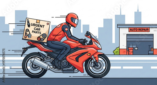 Motorcycle delivery courier transporting urgent car parts to an auto repair shop in a modern city street graphic novel style illustration