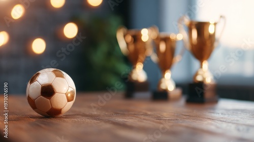 Soccer ball and golden trophies on wooden table with bokeh lights for sports achievement and success