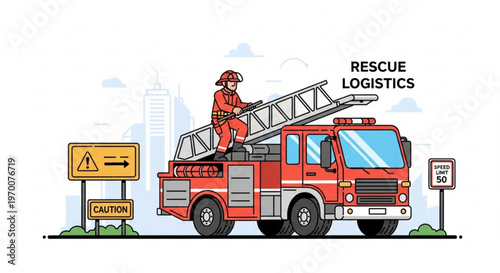 Firefighter standing on a red fire truck with a ladder in an urban emergency scene