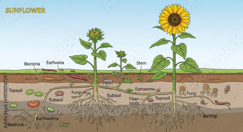 Educational diagram of sunflower plant anatomy and soil biology with microorganisms