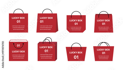 Set of red lucky box shopping bag icons. Flat vector illustration of various gift bags for surprise events, seasonal sales, and promotional marketing on white background.