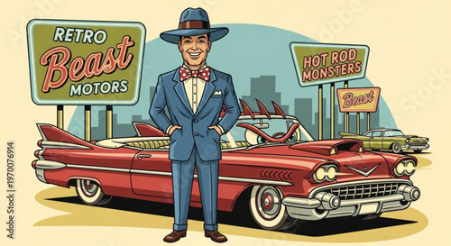 Retro beast motors vintage car showroom illustration with dapper man in fedora and suit standing in front of classic American convertible hot rod vehicle