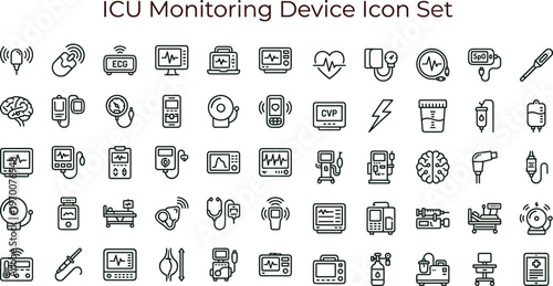 ICU monitoring device medical line icon set for intensive care diagnostics healthcare equipment interface symbols vector clinical applications