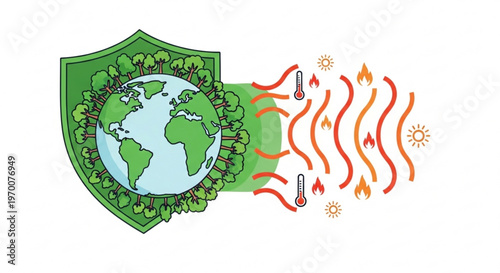 Global warming concept illustration with earth protected by green shield from intense heat waves and sun rays represented as climate change environmental art