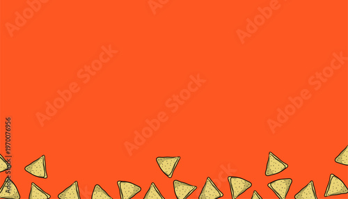 Samosa Pattern Design. Frame Indian Snack Illustration. Crispy Fried Pastry Motif. Handdrawn Street Food Style.
