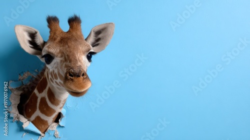 Baby giraffe head peeking through torn blue paper background with copy space for animal themed design