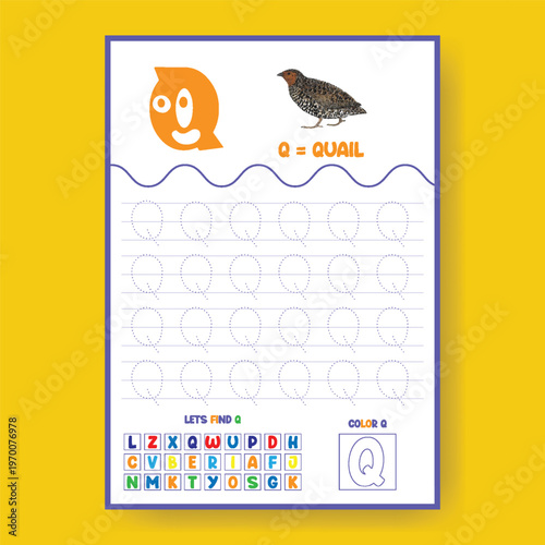 Preschool letter q tracing worksheet for kids learning alphabet lowercase uppercase with quail illustration and find letter activity for kindergarten education