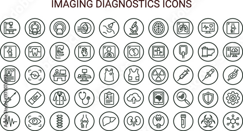 Imaging diagnostics medical outline icon set featuring radiology equipment healthcare scan symbols for hospital apps websites presentations clinical interface design