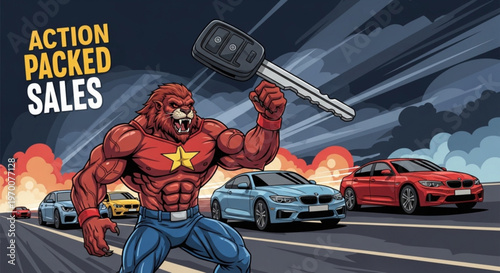 Muscular anthropomorphic lion holding luxury car key in front of modern vehicles at dealership for action packed car sales promotion vector art