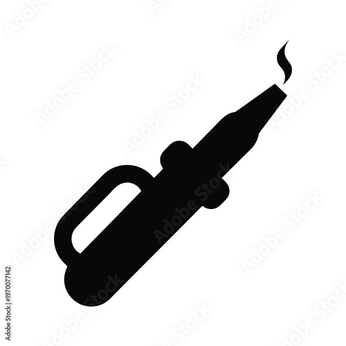 Solid black silhouette of a Soldering Iron with a small wisp of smoke. isolated on White Background